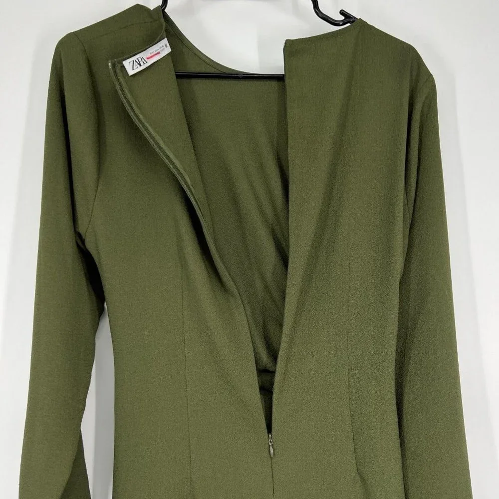Zara Dress Green Button Front Crepe Long Sleeve Draped Midi - Picture 10 of 11